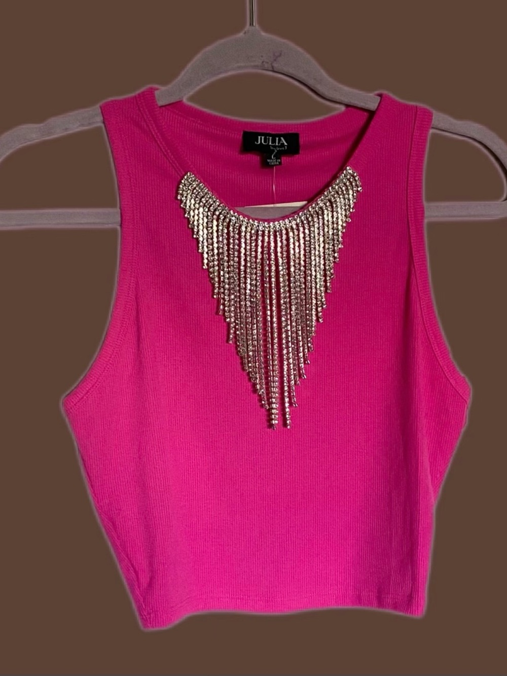 JULIA Hot Pink Rhinestone Fringe Crop Top